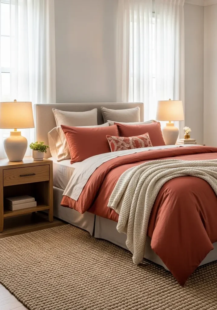 Elegant bedroom with deep coral bedding layered over beige linens, wooden nightstands, warm lamp lighting, textured woven rug, natural daylight filtering softly through curtains, Pinterest-style interior photography showing cozy balanced luxury atmosphere.

