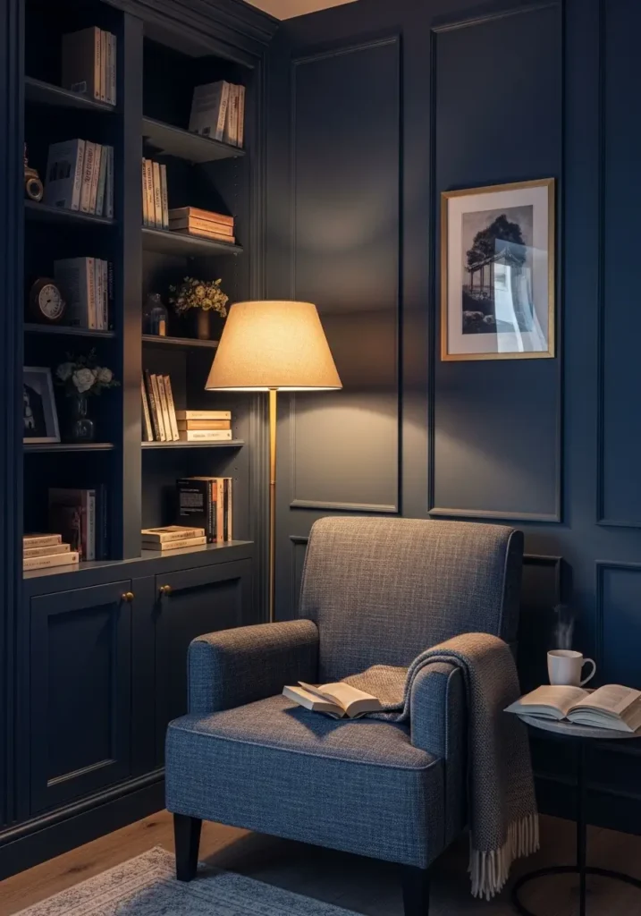 Home library with deep navy painted wall, wooden bookshelves filled with books, warm reading lamp glow, comfortable armchair, textured rug, evening ambiance, Pinterest-style interior photography capturing quiet, cozy mood with layered warm lighting.


