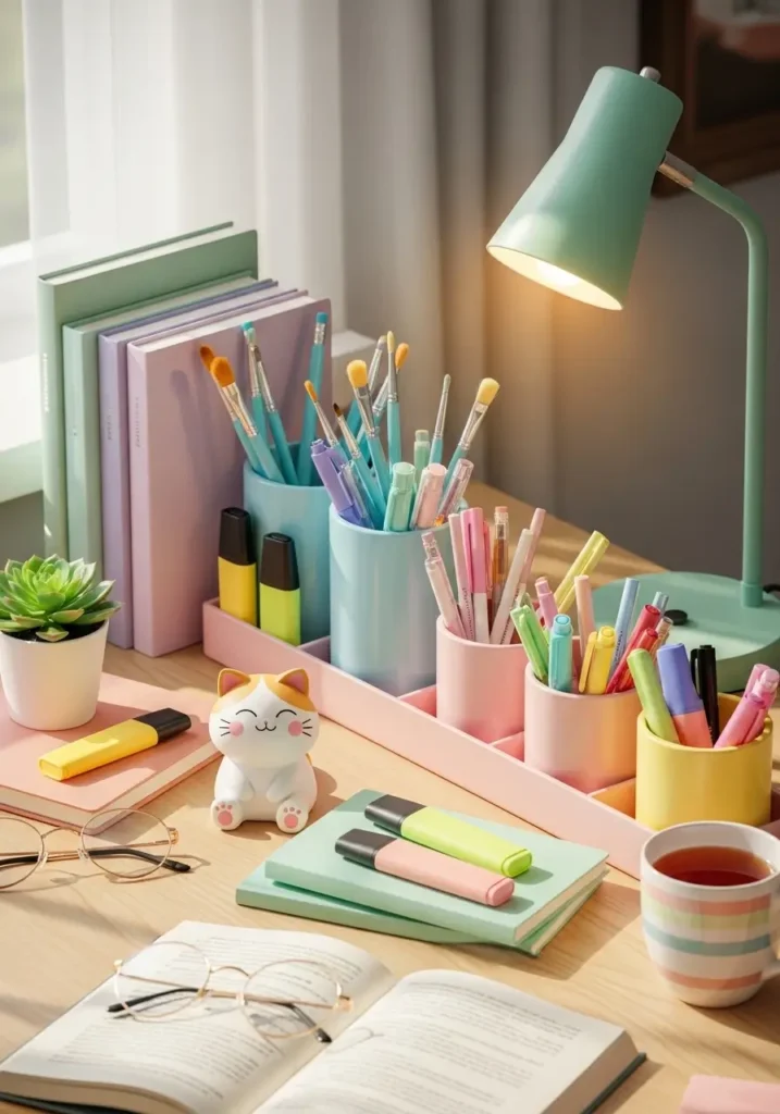 Study desk with pastel-colored pen holders, notebooks, a small mint green lamp, and a cute figurine. Soft sunlight illuminates the space, highlighting pastel tones and playful elements that create a cheerful, cozy, and kawaii-inspired work area.