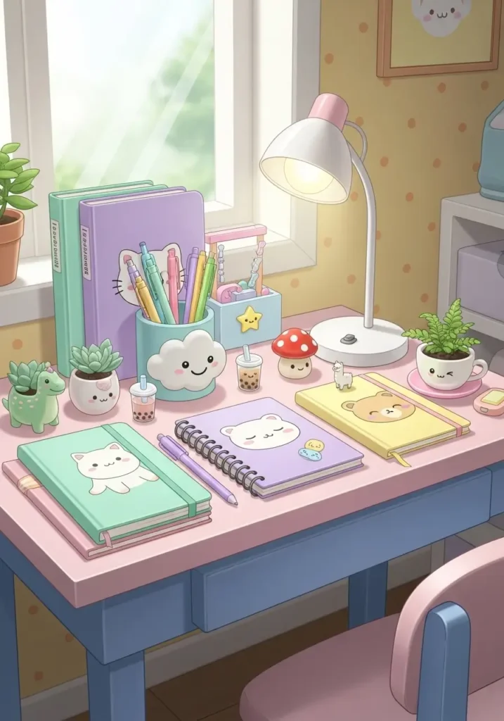 Small pastel-colored desk with kawaii stationery, tiny figurines, and mini potted plants. Soft lighting from a small desk lamp, colorful notebooks and pen holders arranged neatly. Cute, cozy, playful, and inviting workspace in a bright, cheerful room.