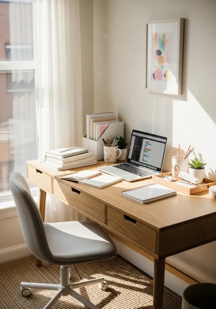 Small apartment workspace with slim desk drawers, tidy stationery, notebook stack, laptop, white and oak tones, soft sunlight, clean feminine minimal office nook, cozy realistic interior photography with calm organized feeling.