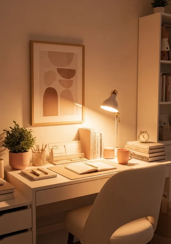 cozy college apartment bedroom desk with lamp, neutral stationery, framed art, small plant, blush mug, books, soft chair, cream and beige decor, realistic feminine study setup, warm lighting, tidy but lived in student room workspace