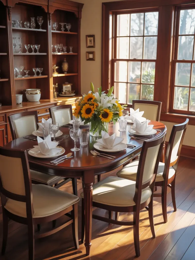 Bright and neat dining area with polished wooden table, folded napkins, clean chairs, dust-free shelves and cabinets, sparkling glassware, fresh flower centerpiece, sunlight streaming in, clean and organized floor, warm and cozy home environment, inviting for meals and gatherings.