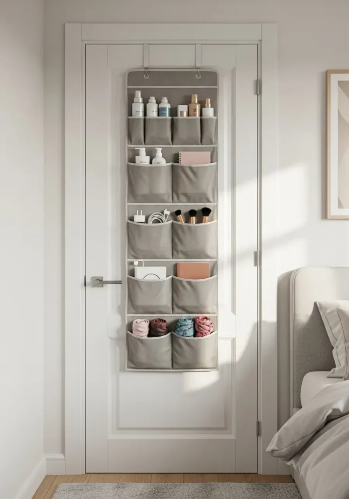 Small apartment room with over door hanging organizer, neutral fabric pockets holding beauty items, notebooks, chargers, scarves, white door, clean minimal decor, soft daylight, tidy feminine bedroom, realistic cozy apartment interior photography.