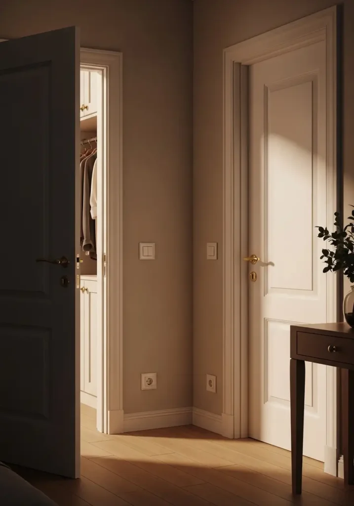 Apartment interior with clean doors, polished handles, dust-free light switches, tidy door frames, neat closet and cabinet doors, warm natural lighting, minimal clutter, cozy and inviting home environment, subtle attention to detail creating a polished feel.