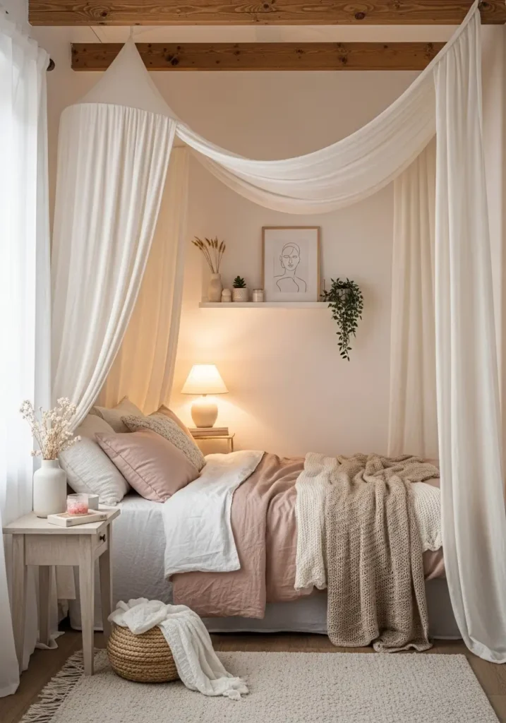 Dreamy small loft apartment bedroom with a soft canopy draped from ceiling beams, creamy white fabric flowing around a cozy bed, blush and beige bedding, warm bedside lighting, delicate feminine decor, compact loft sleeping nook, airy romantic mood, layered textures, soft rug, tiny shelf styling, intimate and peaceful atmosphere with elegant small space charm

