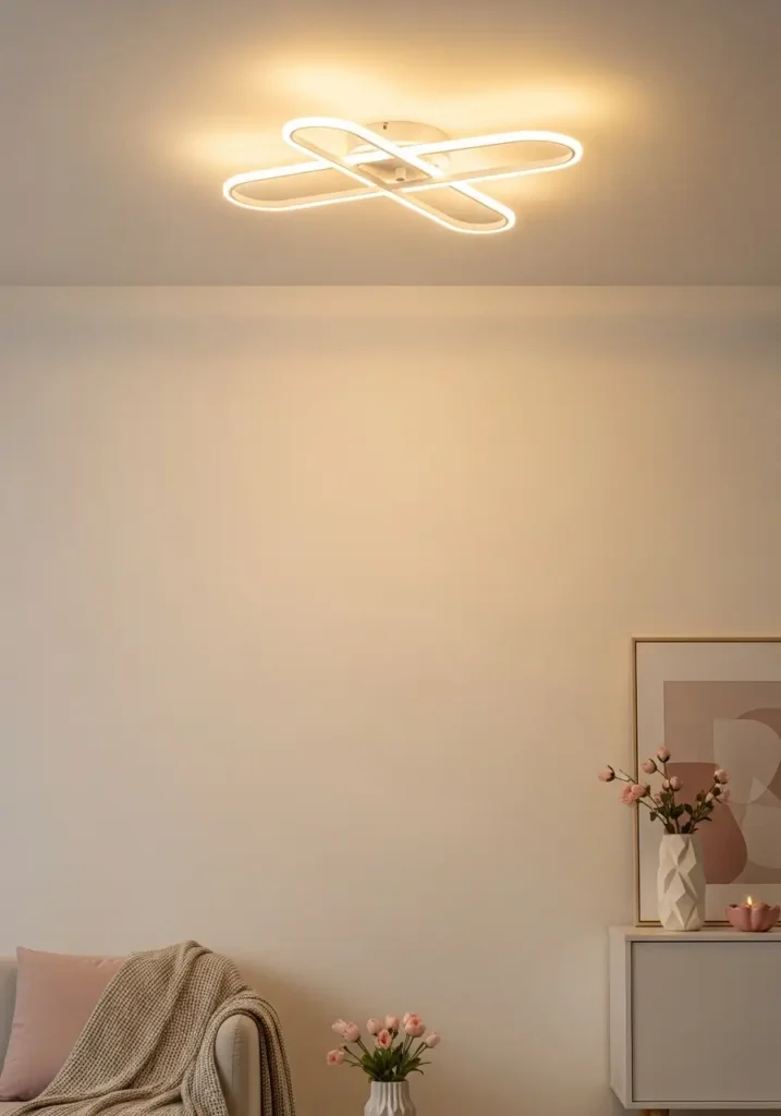 Minimal apartment ceiling light with soft glow, clean fixture, neutral interior, warm lighting, cozy feminine decor, uncluttered room, subtle shadows, modern minimal styling with clean lines and a calm airy environment

