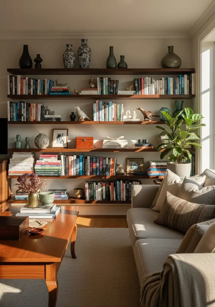 Living room with neatly arranged shelves and decorations, clean surfaces, dust-free books and ornaments, warm sunlight, tidy and elegant home vibe.