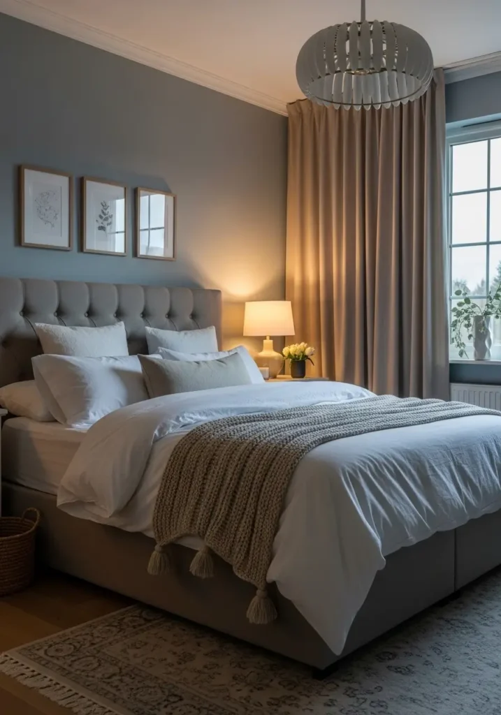 Pinterest-inspired dusty blue bedroom with upholstered headboard, layered white bedding, textured knit throw, soft beige curtains, warm bedside lighting, minimal framed artwork, plush rug, calm evening glow through window, balanced composition, cozy lived-in styling, realistic interior photography, soft shadows, peaceful retreat feeling, neutral accents enhancing calming atmosphere.