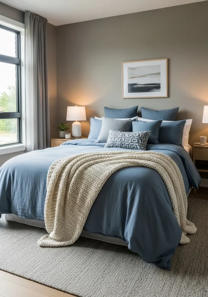 bedroom with dusty blue bedding, warm gray walls, layered textiles, soft lighting from bedside lamps, minimal decor styling, natural daylight illuminating textures, and realistic interior photography capturing a peaceful modern atmosphere.