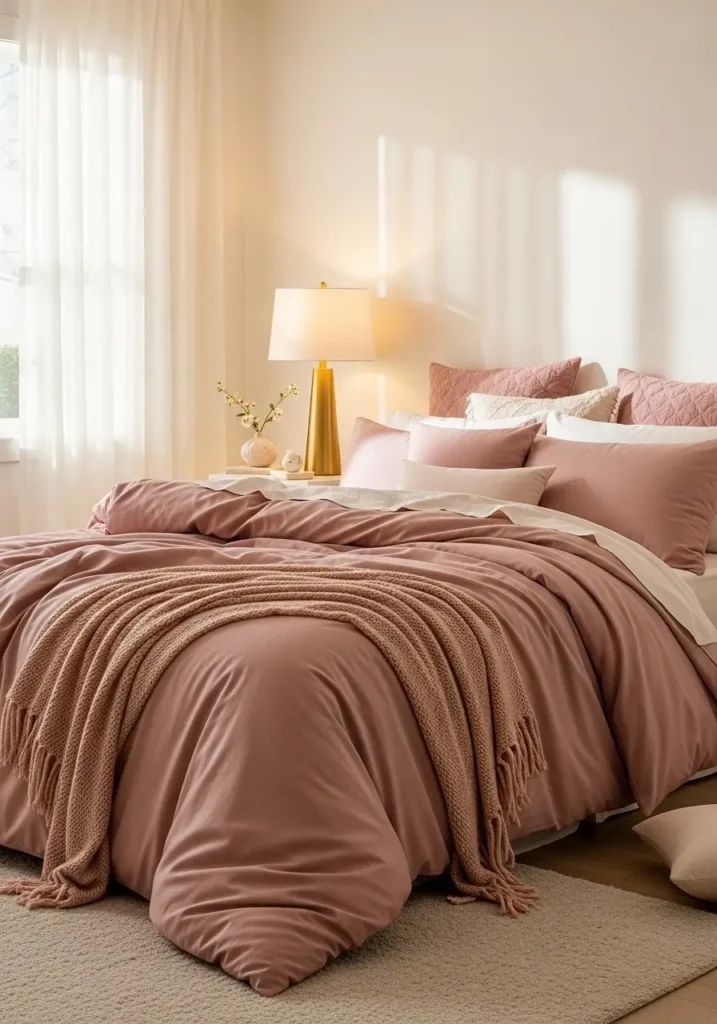 Cozy, feminine bedroom with dusty rose bedding against warm white walls, soft, layered textiles, a gold accent lamp, sheer curtains diffusing sunlight, a plush rug, Pinterest-style interior photography capturing a warm, romantic atmosphere with natural lighting and peaceful styling.

