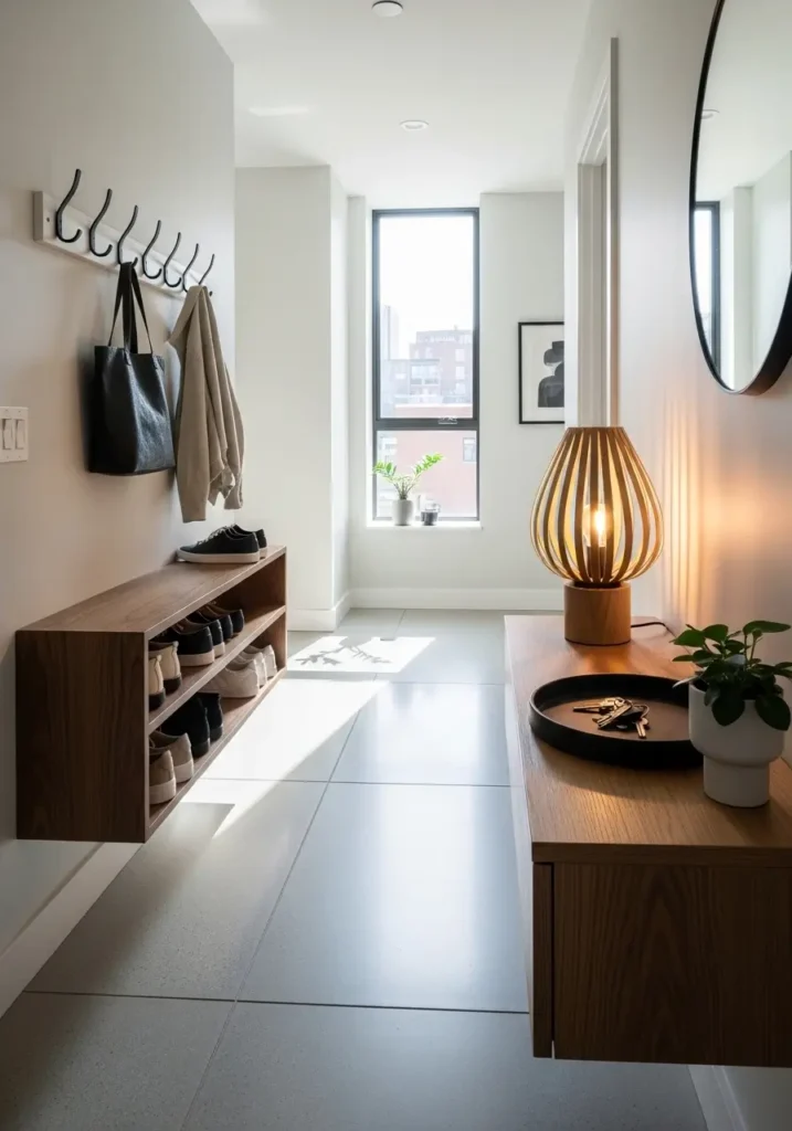 Modern apartment entryway with clean floors, organized shoe rack and coat hooks, small entry table with decorative lamp, minimal clutter, polished surfaces, sunlight illuminating the area, welcoming and cozy vibe, key tray neatly arranged, inviting first impression for guests.