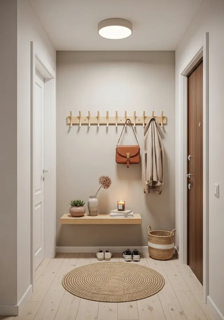 Small apartment entryway with minimal setup, wall hooks, small shelf, neutral tones, clean layout, cozy feminine decor, modern minimal living, organized space, soft lighting, welcoming atmosphere, clutter free entrance design

