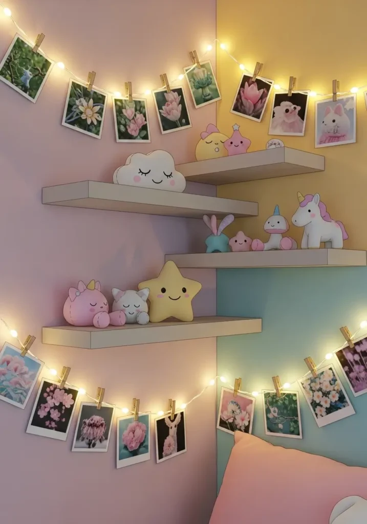 Bedroom corner with warm white fairy lights strung along a pastel wall and floating shelves. Small photos clipped to lights, tiny plush toys on shelves. Soft shadows and cozy ambient lighting, giving room a magical, playful, and relaxed kawaii vibe.