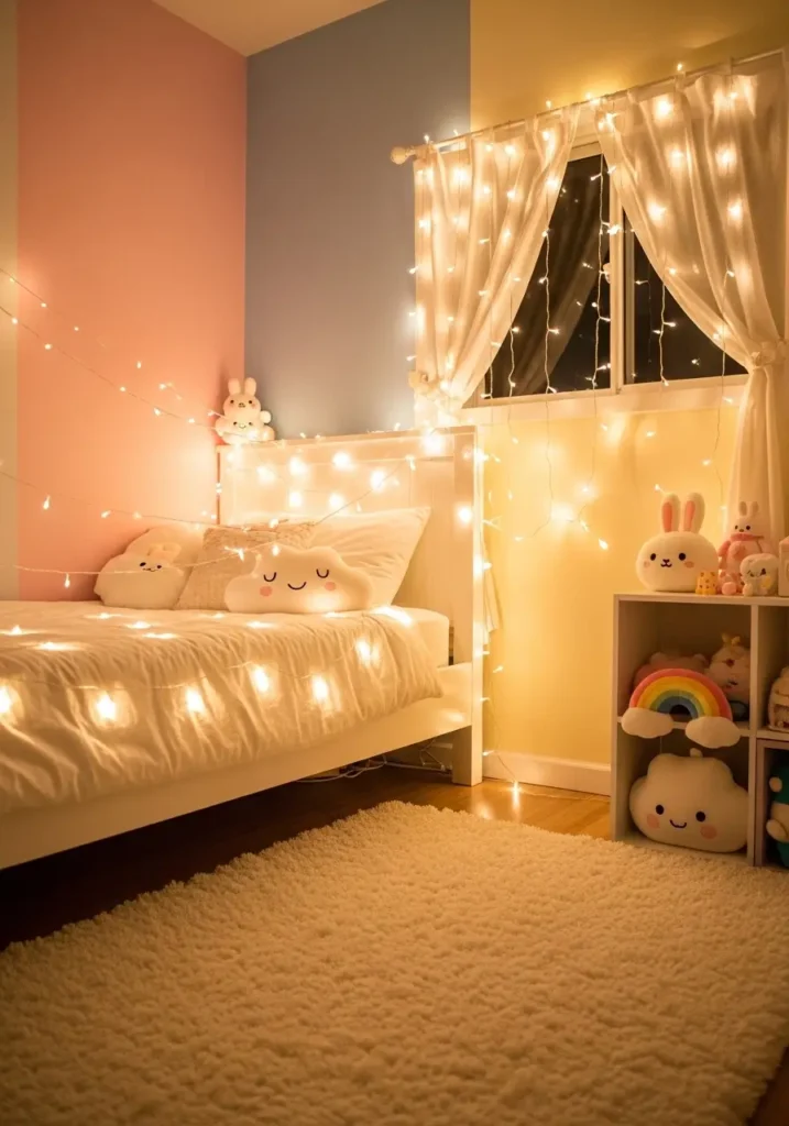 Bedroom corner with pastel walls, white bed, fairy lights strung over the headboard and around the window, small plush toys, a soft rug on the floor, creating a magical and cozy kawaii ambiance.