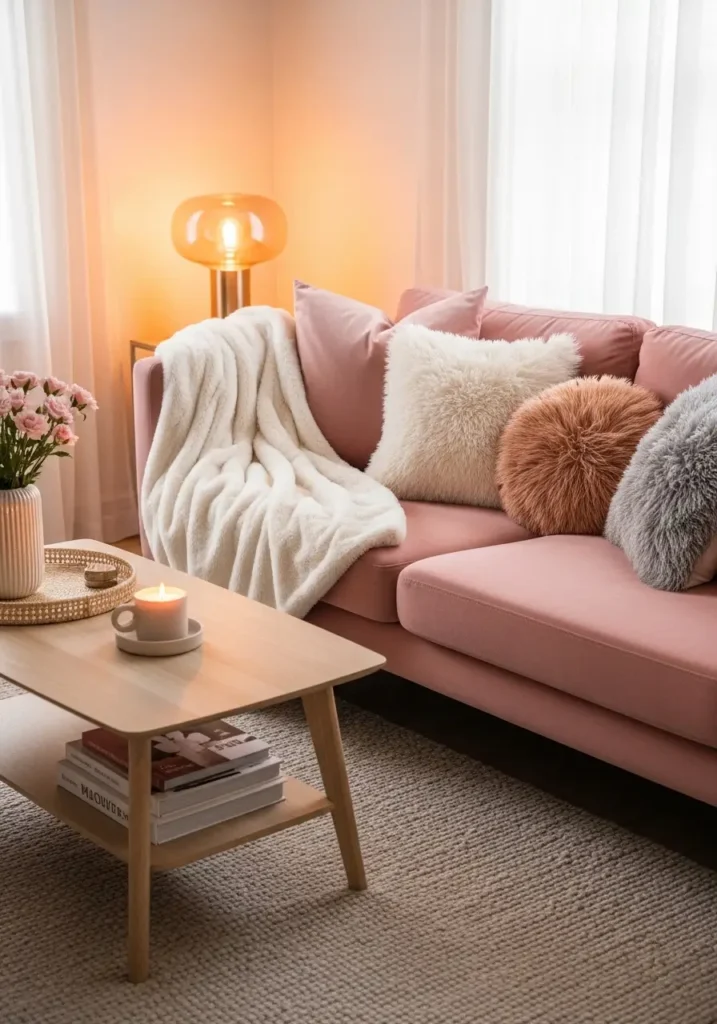 apartment living room with soft faux fur throw draped across blush sofa, fluffy pillows layered beside blanket, warm lamp lighting filling room, light wooden coffee table with candle and books, textured rug under furniture, feminine cozy apartment decor with warm relaxing atmosphere.