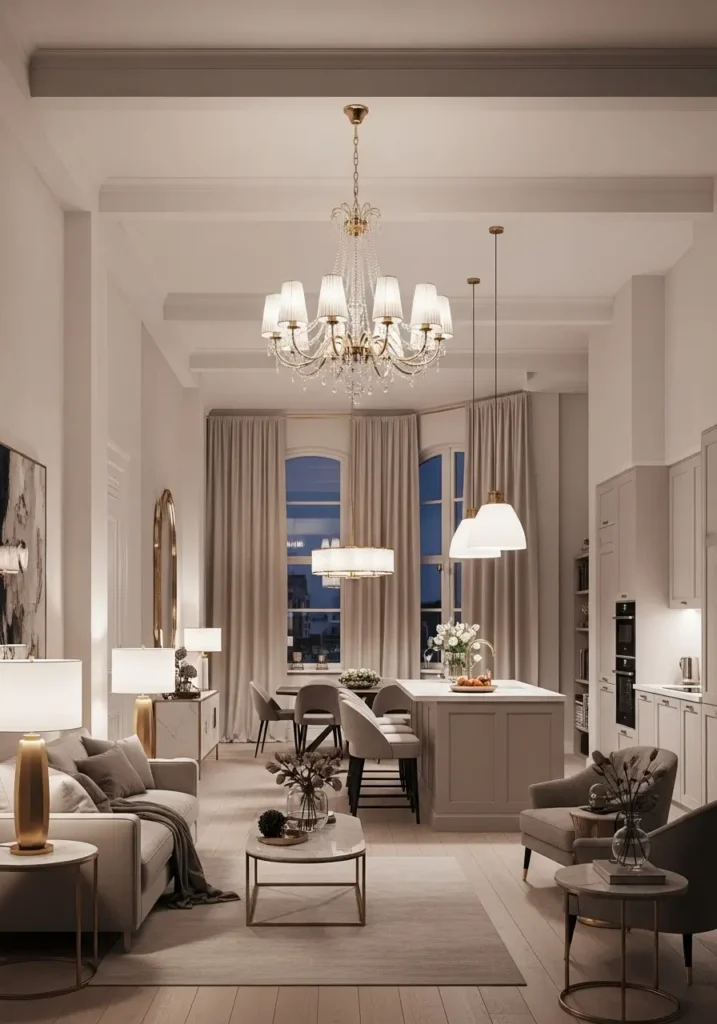 Loft apartment with feminine lighting fixtures, soft pendant lights, chandelier, subtle gold accents, soft white light, romantic ambiance, open space with stylish light fittings, cozy and chic loft home, contemporary design with elegant lighting.