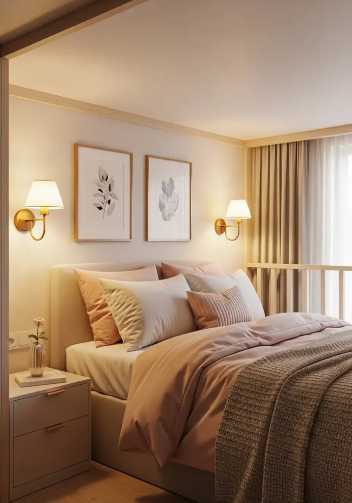Feminine small loft apartment bedroom with elegant wall sconces, warm golden glow, blush and cream bedding, soft textured pillows, compact loft sleeping nook, delicate framed art, pale wood details, cozy and polished atmosphere, gentle evening light, stylish small space decor, intimate feminine charm, tidy bedside styling, romantic but simple room feeling

