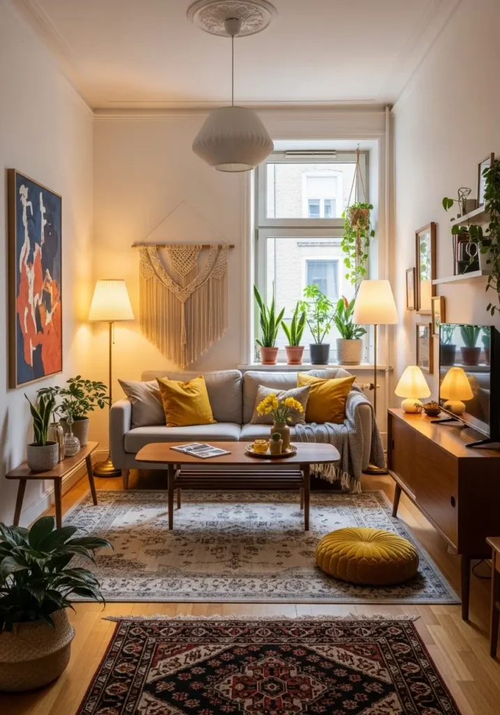 A small apartment with furniture slightly floated away from walls, balanced modern eclectic decor, compact living room with soft neutral sofa, layered rug, warm lighting, airy layout, cozy and stylish atmosphere, realistic apartment interior with thoughtful spacing

