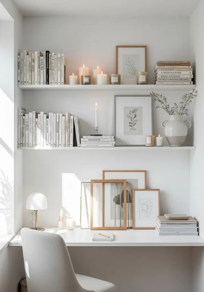 Tiny apartment wall with slim floating shelves above desk, stacked books, candles, framed art, ceramic vase, neutral palette, soft sunlight, modern feminine minimal style, white walls, clean lines, cozy organized room, realistic home decor scene with calm atmosphere.