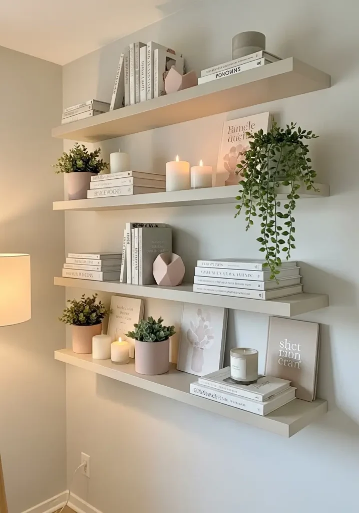 Small apartment wall with floating shelves, minimal decor styling, books, candles, small plants, neutral tones, clean aesthetic, soft lighting, feminine decor, modern minimal living, airy wall design, cozy apartment vibe

