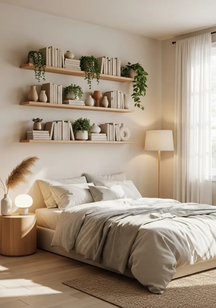 bedroom wall with floating wooden shelves holding books, small plants, ceramic decor, warm lighting, neutral bedding below, airy styling, realistic interior photography with soft shadows, cozy, peaceful atmosphere, and balanced minimalist composition.