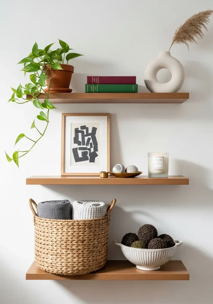 Minimalist wall with floating wooden shelves styled sparsely, neutral ceramic vases, stacked books, small framed art prints, warm indirect sunlight casting soft shadows, modern Scandinavian interior mood, clean white wall background, balanced negative space, cozy home styling, realistic textures and natural tones captured in Pinterest-worthy interior photography.

