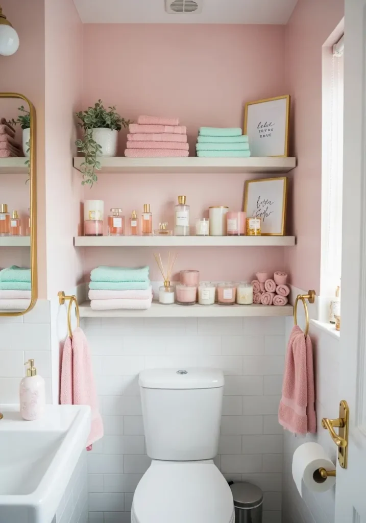 Compact girly bathroom with floating shelves above toilet, folded pastel towels, candles, perfume bottles, tiny plant, framed print, gold accents, white and blush color palette, small apartment layout, neat and stylish storage, cozy feminine vibe, realistic interior styling, clean, organized shelves with elegant decor and soft natural light, photo realistic home scene
