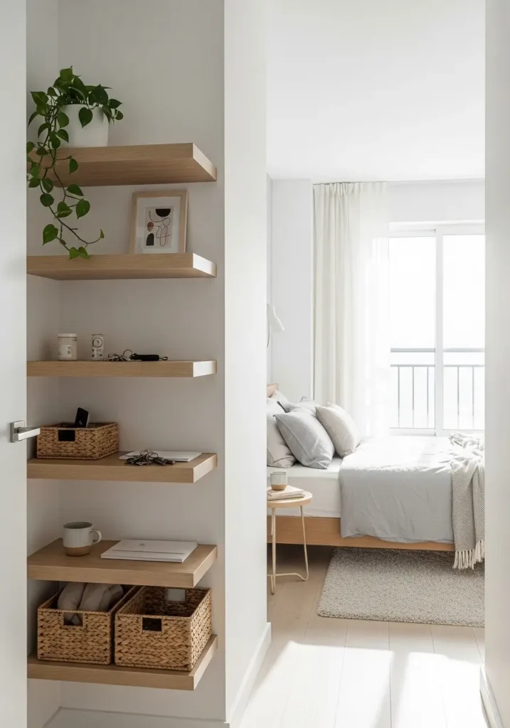 Modern apartment entryway with light wood floating shelves holding small baskets for keys and mail, minimal decor, small indoor plant, soft natural light, white walls, and narrow space, styled in a cozy minimalist style.
