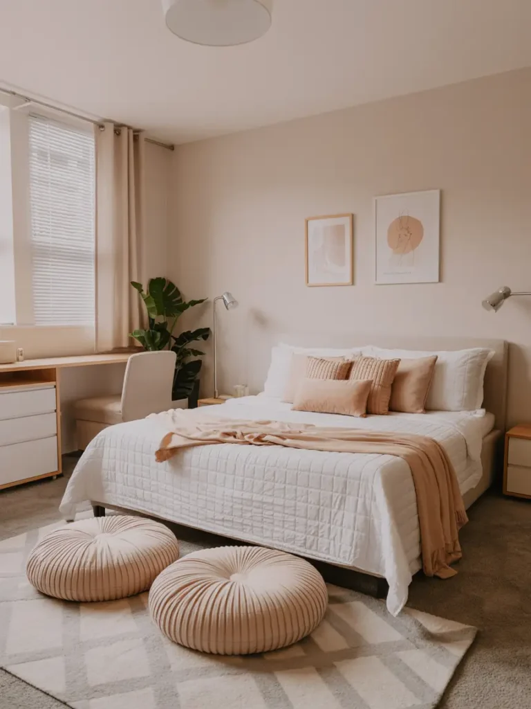 Minimal college apartment bedroom with soft floor cushions, neutral tones, cozy feminine vibe, clean layout, simple decor, warm lighting, relaxed seating area, uncluttered environment, calm and inviting atmosphere