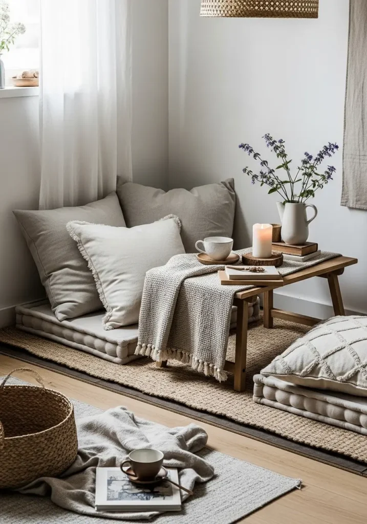 Cozy Japanese apartment corner with floor seating, soft neutral cushions, a low wooden table, linen textures, warm natural light, minimal decor, a peaceful, zen atmosphere, small apartment styling, and a calm and inviting reading corner.