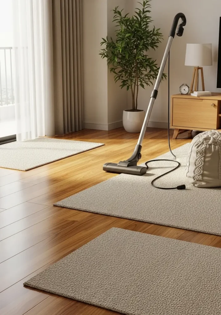 Clean apartment floors with polished wooden surfaces, freshly vacuumed carpet, neatly arranged rugs, dust-free corners, sunlight reflecting on the floor, cozy and inviting living space, minimal clutter, warm and tidy atmosphere perfect for everyday living.