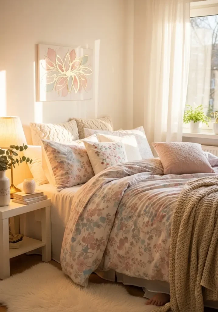 Cozy girly apartment bedroom with soft floral bedding in blush pink and pastel tones, layered pillows across bed, warm bedside lamp glowing gently, delicate wall art above bed, fluffy cream rug beside bed, sheer curtains letting warm sunlight into room, feminine bedroom styling with cozy textures 