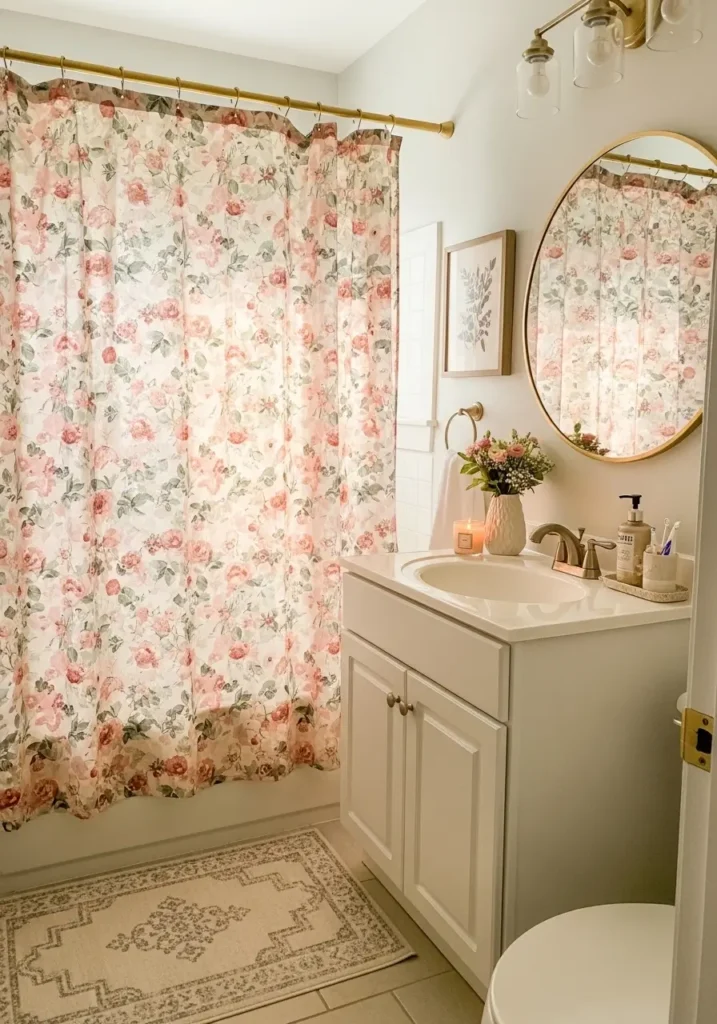 Small apartment bathroom with floral shower curtain in blush, cream, and soft green tones, gold curtain rod, white tub, pretty rug, framed art, cozy feminine decor, realistic small space styling, fresh and airy mood, romantic apartment bathroom look, clean vanity, warm daylight, soft textures, photo realistic scene with charming floral pattern as main focus