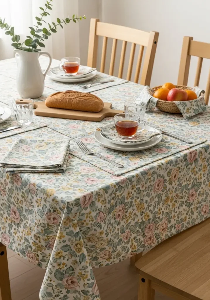 Clean cottagecore dining table with soft floral linen cloth, white ceramic plates, clear glass vase, wooden chairs, cream walls, natural daylight, tidy feminine styling, muted pink and sage pattern, airy uncluttered room, realistic fabric folds, peaceful homey mood with warm soft light.
