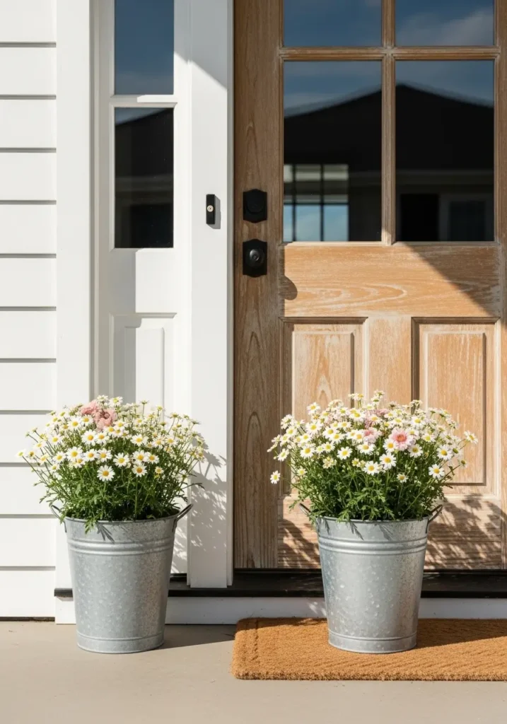 Country porch with two galvanized metal buckets filled with white daisies and blush flowers, placed beside wooden front door, white clapboard walls, soft rustic styling, clean minimal decor, balanced layout, sunny daylight, welcoming farmhouse curb appeal, realistic photo style.