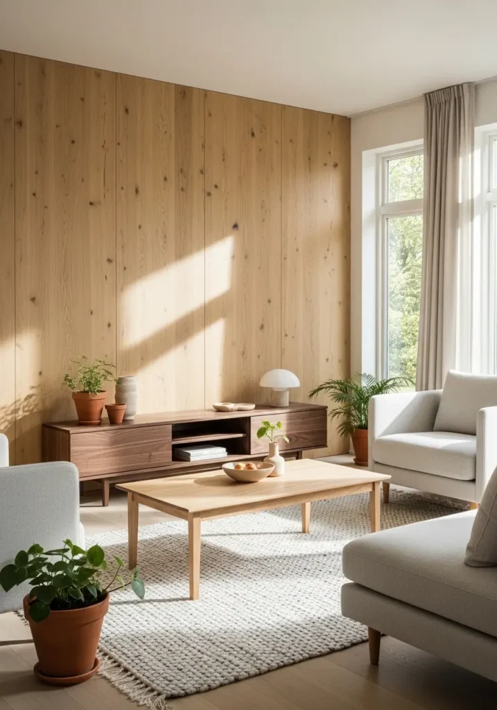 Cozy Japandi dining area with natural wood table and chairs, neutral wall tones, ceramic tableware, soft pendant lighting above table, daylight entering through window, minimal decor styling, Pinterest-inspired interior photography showing warm textures and peaceful ambiance.

