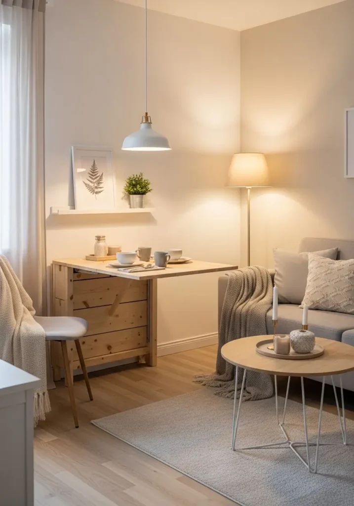 Small apartment with foldable dining table, neutral tones, minimal decor, clean layout, cozy modern aesthetic, feminine styling, space-saving furniture design, soft lighting, uncluttered room, practical minimal living setup with functional layout

