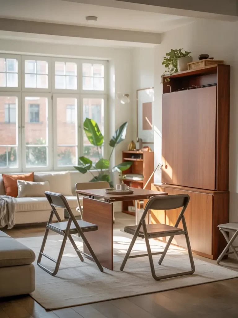 Small renter friendly apartment with foldable furniture, compact drop leaf table, slim folding chair, cozy neutral decor, realistic modern rental interior, airy layout, warm daylight, feminine styling, practical but elegant small space setup, polished apartment mood, clean and flexible room design, charming details, simple furniture helping compact home feel open, calm, organized, and easy to enjoy