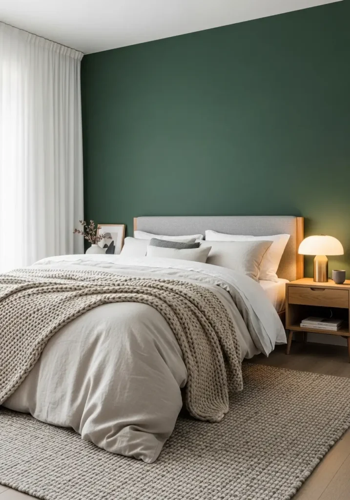 bedroom with a forest green accent wall, layered cream bedding, wooden furniture accents, a textured neutral rug, warm bedside lighting, soft daylight filtering through sheer curtains, and realistic interior photography capturing a cozy, elegant atmosphere with calm, natural tones.