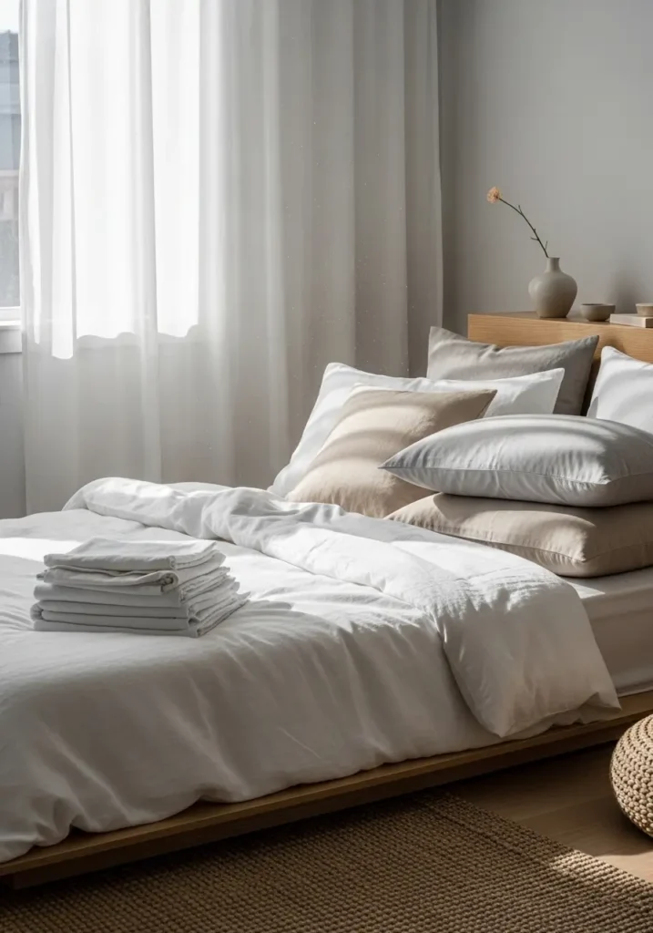 Minimal bedroom with soft white bedding, sunlight coming through sheer curtains, neatly layered pillows, neutral tones, cozy feminine decor, clean sheets folded on bed, calm and airy atmosphere, soft textures, modern minimal apartment styling with light wood furniture and gentle shadows creating a peaceful and tidy space

