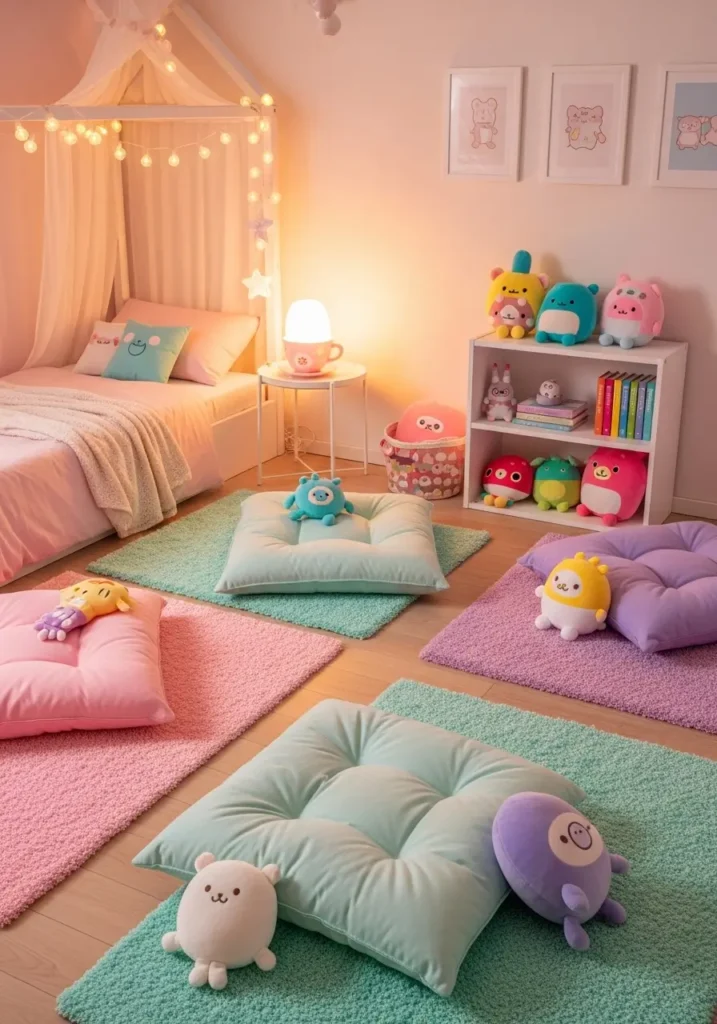 Kawaii bedroom with pastel-colored fluffy rugs on wooden floors, matching floor cushions, small plush toys scattered, soft lighting, and decorative accents creating a cozy, playful, and cheerful girly atmosphere.