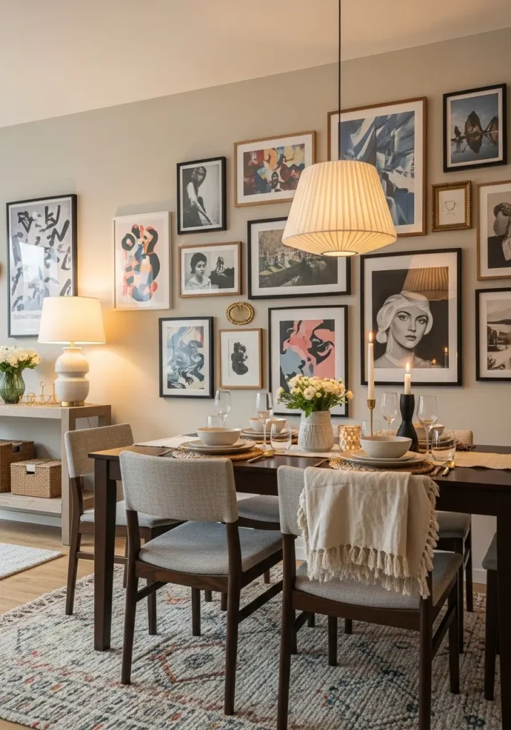 Modern eclectic apartment dining room with gallery wall around dining space, mixed art frames, modern prints, vintage touches, warm lighting, cozy feminine apartment styling, collected and personal decor, stylish dining table setup, textured rug, layered home atmosphere, realistic editorial interior, balanced wall art arrangement, warm neutral and earthy tones, inviting urban home scene with charm and depth