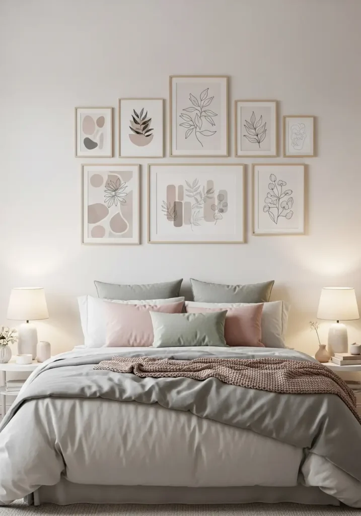 bedroom wall with a neutral framed artwork gallery arrangement, soft bedding below, warm bedside lighting, minimal decor accents, a calm, cohesive color palette, realistic interior photography, cozy, feminine styling, soft shadows, and a peaceful atmosphere emphasizing a personal yet relaxing design.