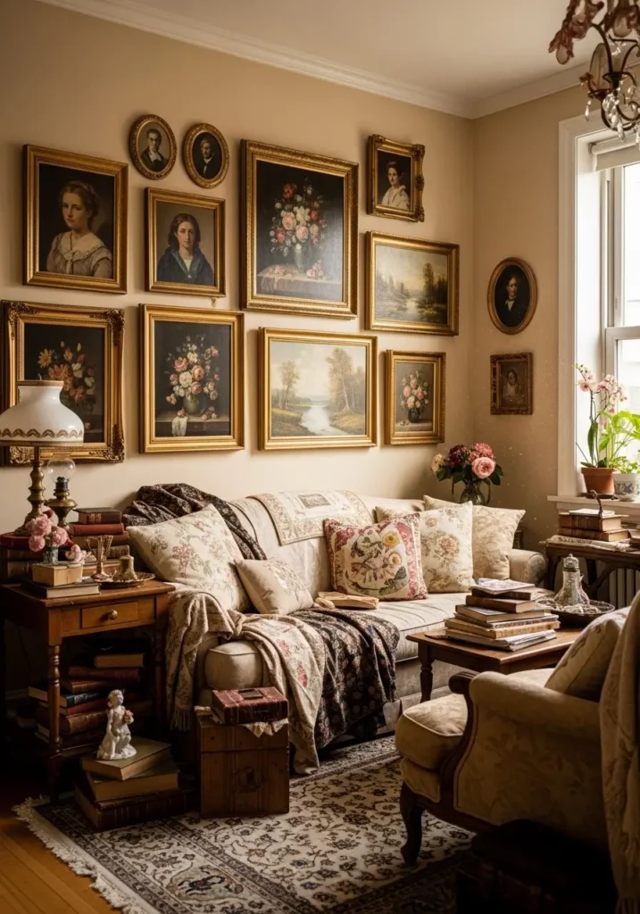 Vintage style apartment living room with gallery wall made of thrifted art, gold frames, soft beige walls, cozy seating, layered antique decor, collected feminine styling, small apartment charm, warm natural light, romantic and nostalgic mood, old portraits, florals, landscapes, curated home feeling, elegant but lived in space, inviting room with personal touches and vintage vibey atmosphere