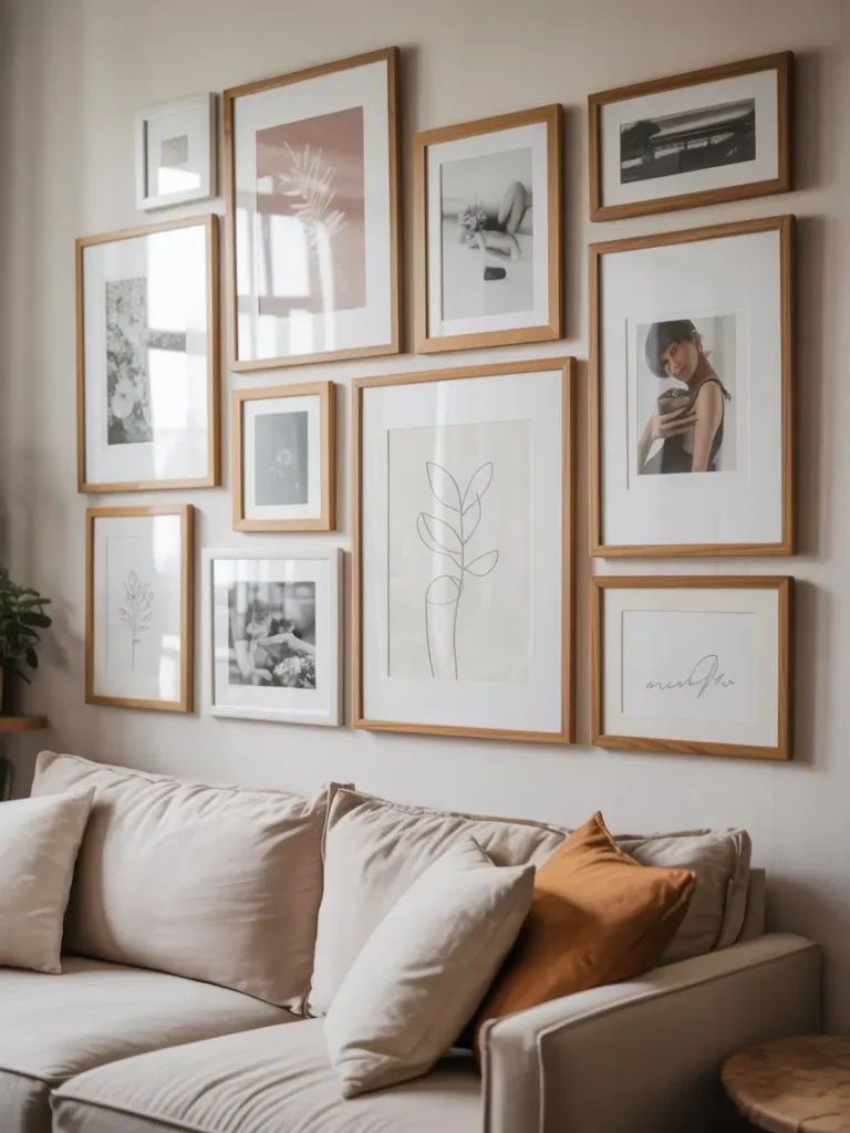 Small apartment wall styled with a gallery wall using removable strips, soft neutral framed art, personal photos, simple line drawings, warm natural light, realistic feminine rental decor, cozy and polished small space, calm beige and white tones, charming bedroom or living room corner, elegant wall styling, inviting apartment mood with art that feels personal, balanced, airy, and beautifully curated