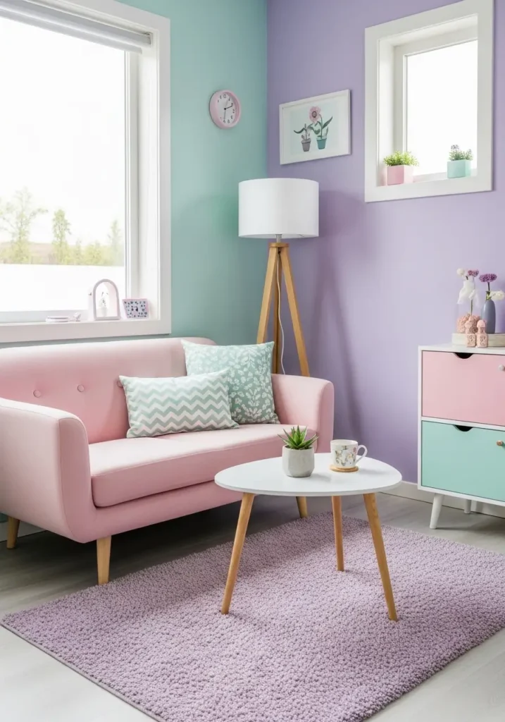 small kawaii living room with soft pastel color palette, minimal furniture, clean layout, cozy feminine vibe, natural lighting, uncluttered and calm space