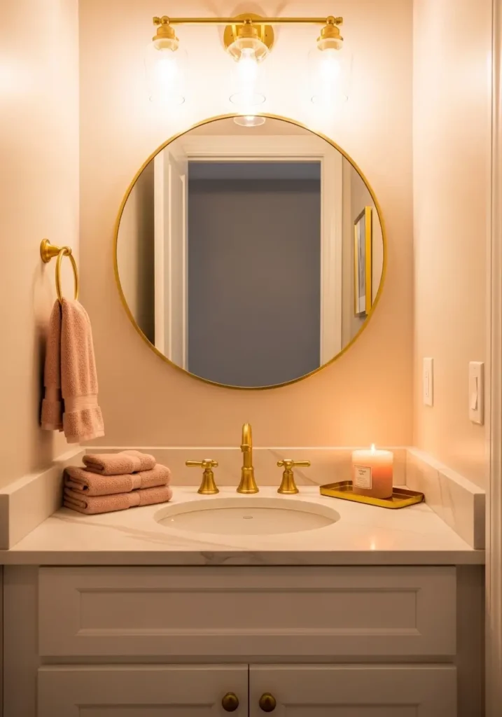 Small apartment bathroom with gold faucet, gold mirror, gold tray, blush accents, white vanity, candle, soft towels, classy feminine style, realistic compact layout, polished girly mood, light marble look counter, airy and cute decor, modern apartment bathroom with warm glow and elegant details, photo realistic room scene with stylish small space charm