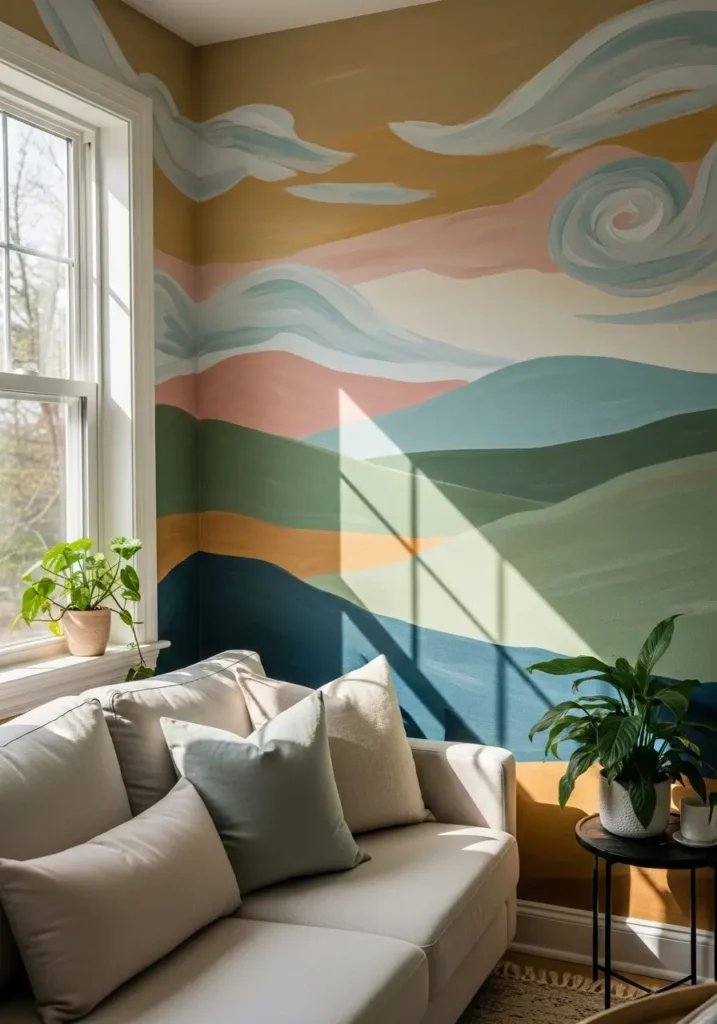 Artistic bedroom featuring a hand-painted mural wall with soft abstract landscape design, cozy bedding layers, warm ambient lighting, textured textiles, feminine decor accents, natural daylight creating gentle shadows, and Pinterest-style interior photography capturing a peaceful, creative atmosphere.

