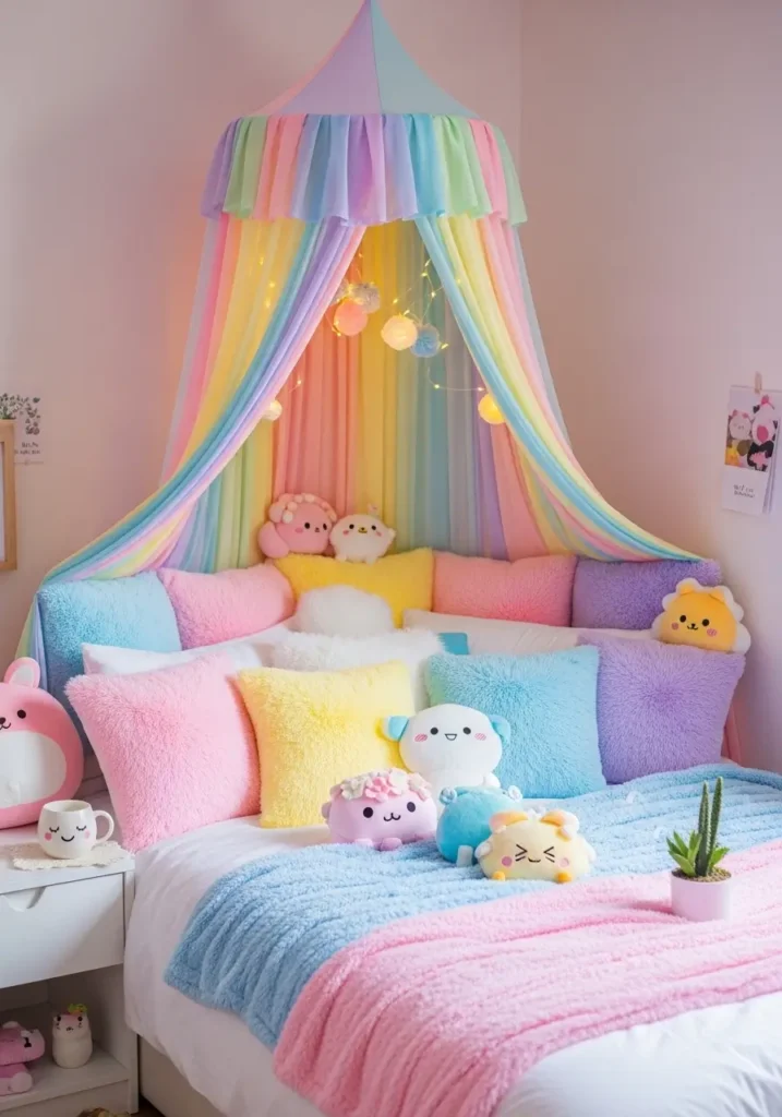 Kawaii bedroom with pastel hanging canopy over a bed, soft fairy lights inside, plush pillows and blankets arranged neatly, small decorative elements around, creating a cozy and dreamy girly corner.